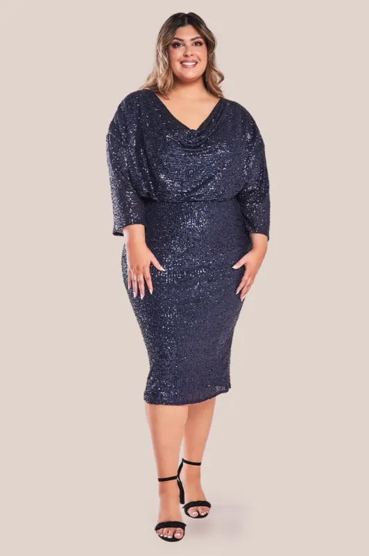 Sequin Cowl Neck Midi Dress - Navy by Goddiva Plus sold by Goddiva