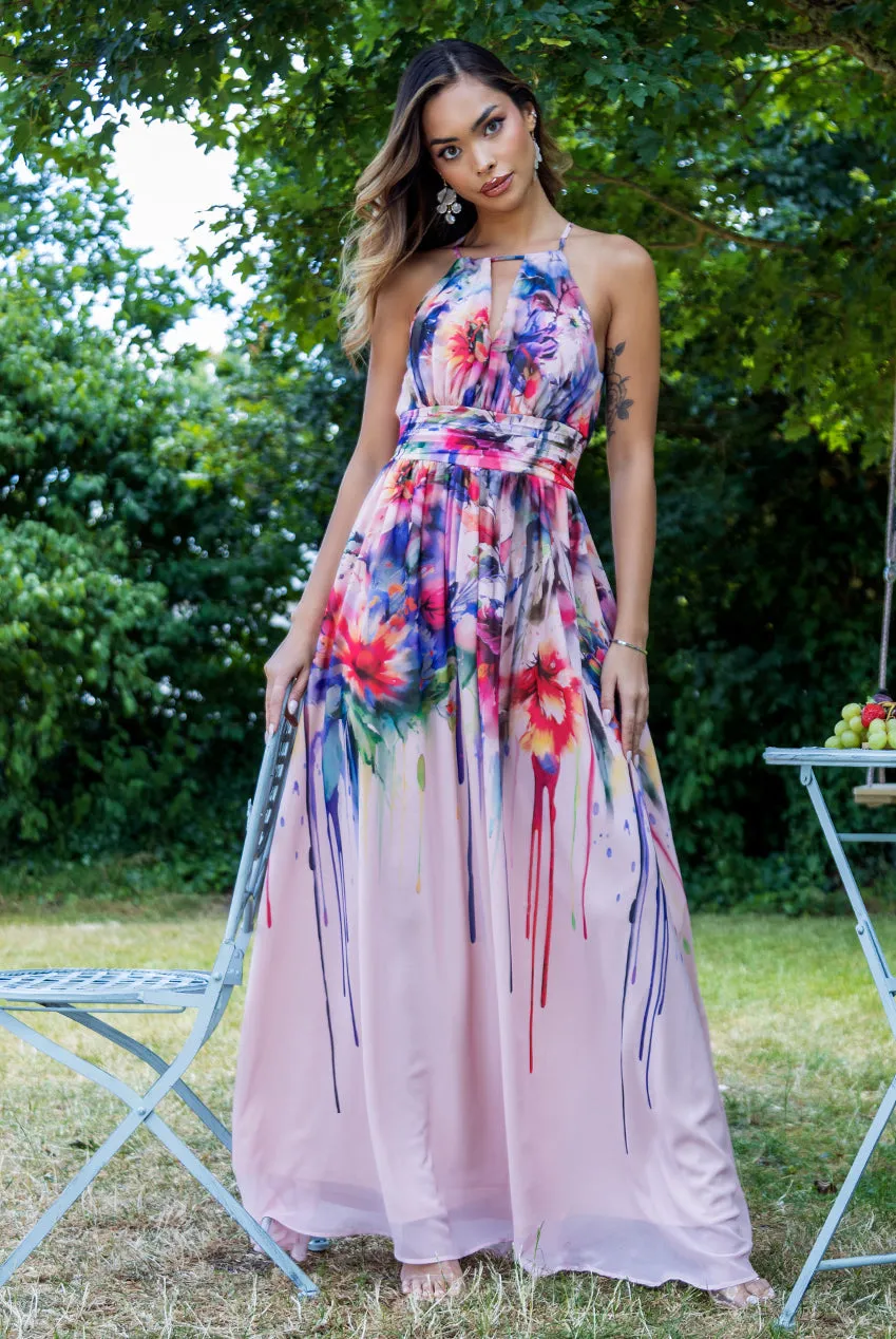 Goddiva Floral Printed Chiffon Halter Maxi Dress - Blush Floral sold by Goddiva