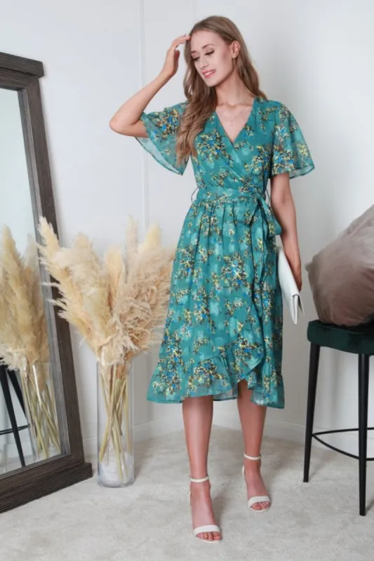Double Second Green Printed Midi Wrap Dress sold by Goddiva