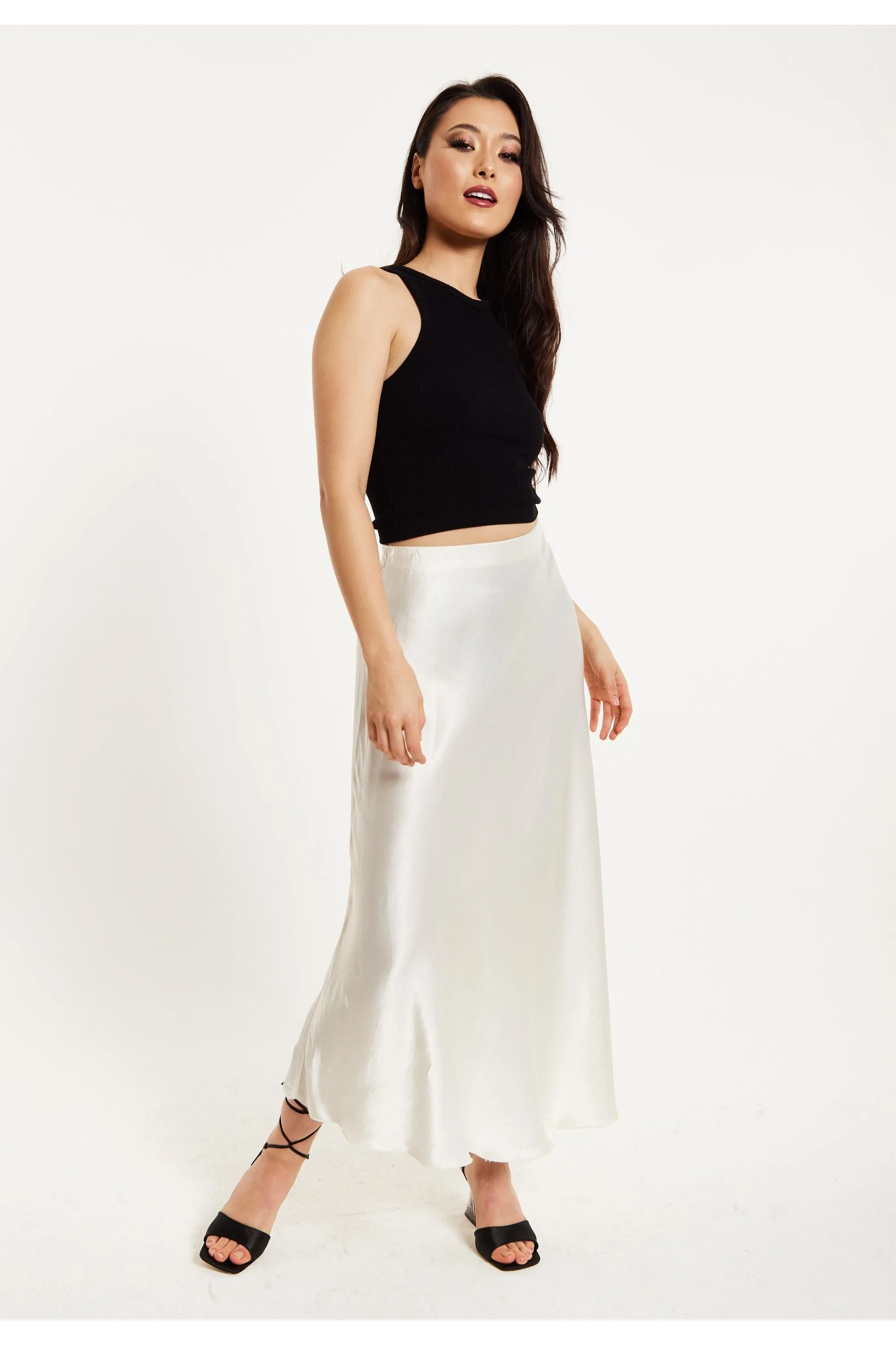 Liquorish Bias Cut White Satin Skirt sold by Goddiva