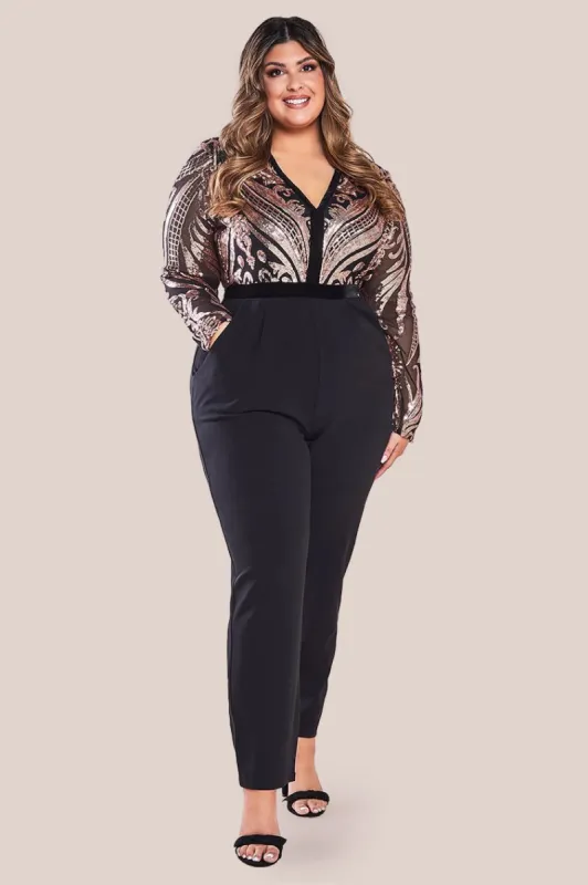 Deep V Neck Sequin Jumpsuit - Champagne by Goddiva Plus sold by Goddiva