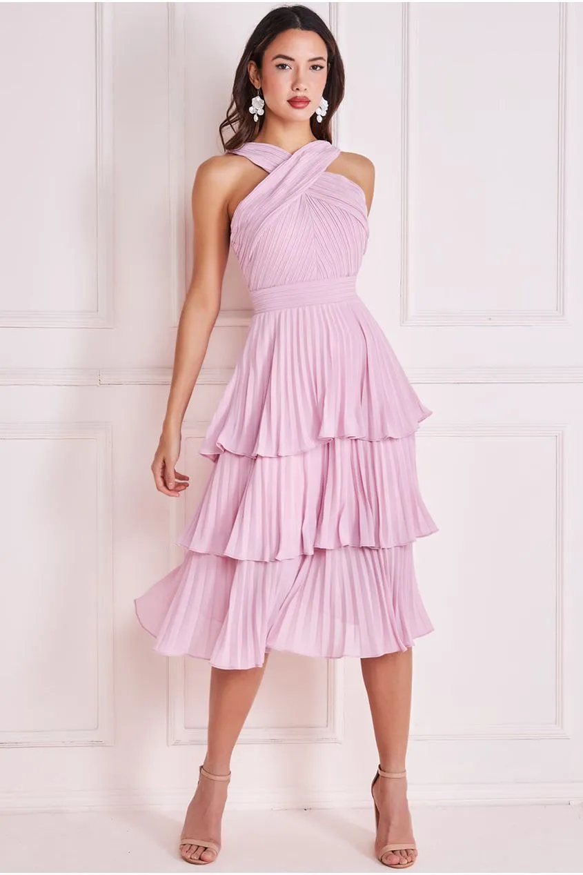 Goddiva Pleated Bodice Chiffon Tiered Midi - Pink sold by Goddiva