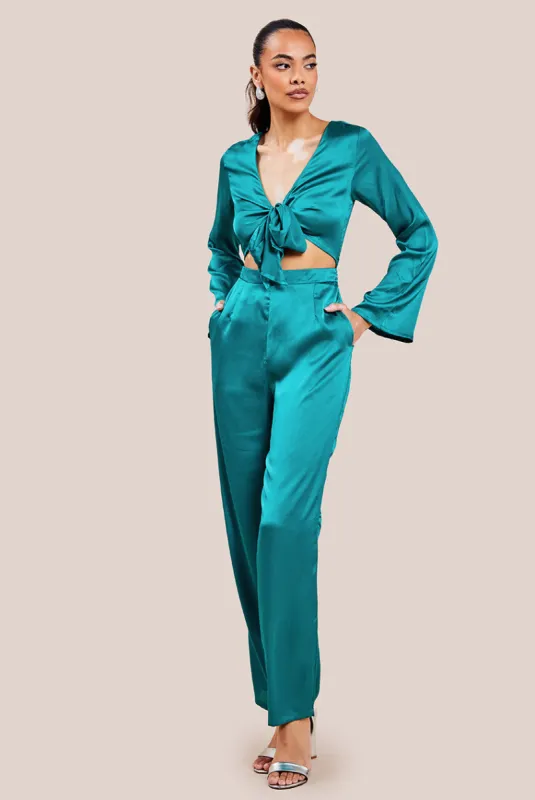 Cut Out Satin Jumpsuit - Emerald by Goddiva sold by Goddiva