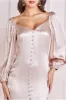 Satin Viscose Front Buttoned Dipped Hem Midaxi Dress - Champagne by Goddiva sold by Goddiva