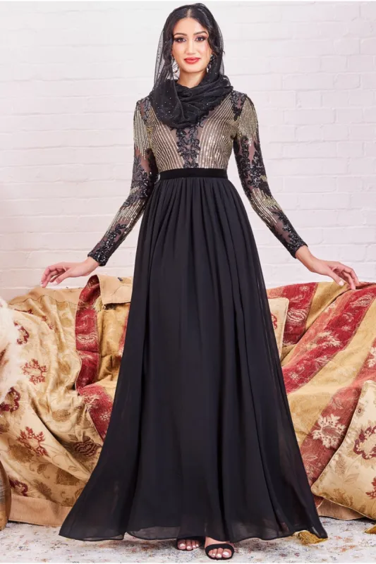 Modesty Sequin Mesh Bodice Maxi Dress - Black by Goddiva sold by Goddiva