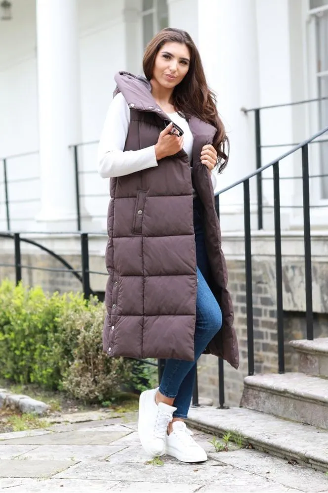 Brown Long Lux Wrap Gilet Puffer by Double Second sold by Goddiva