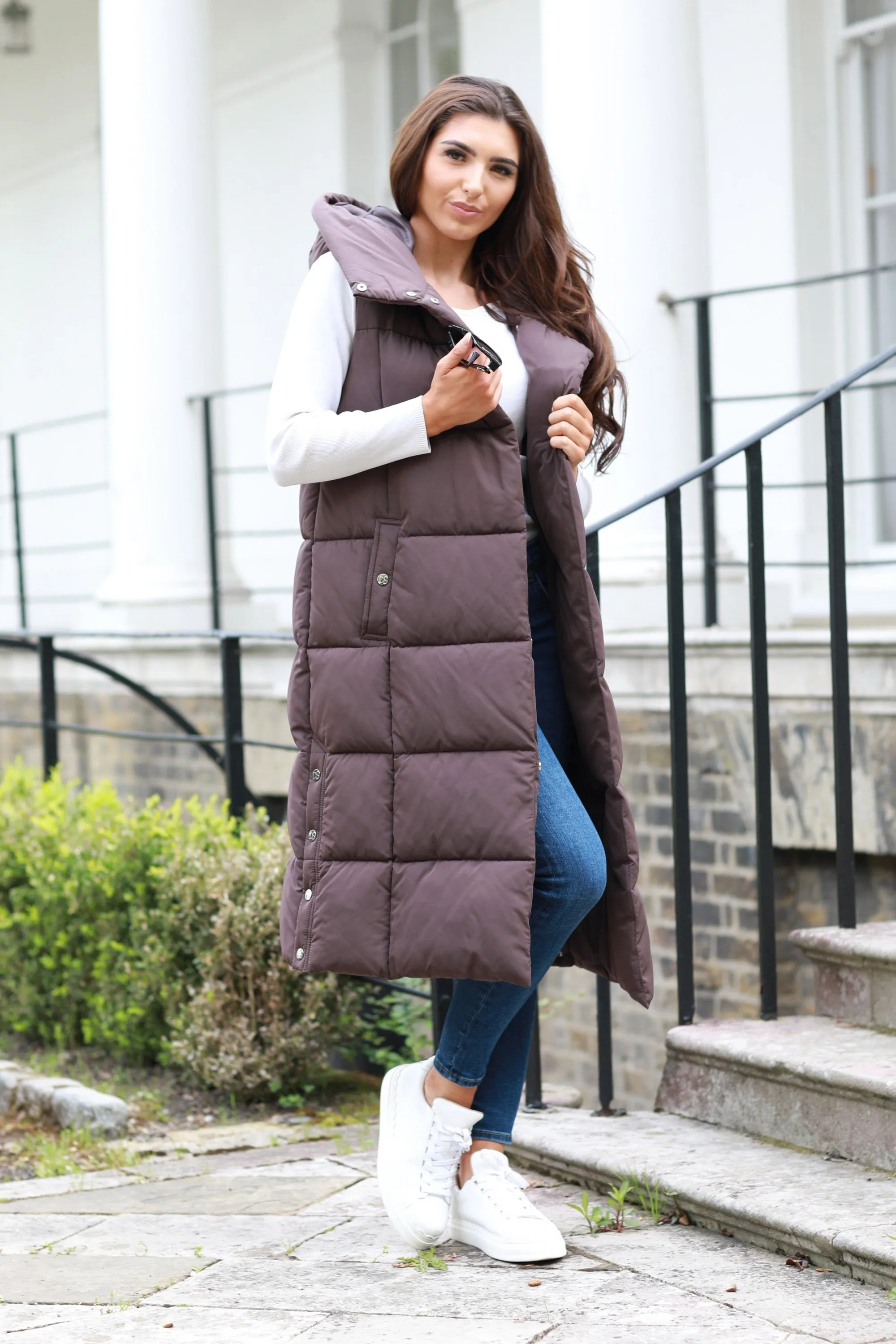 Brown Long Lux Wrap Gilet Puffer by Double Second sold by Goddiva product image thumbnail 2