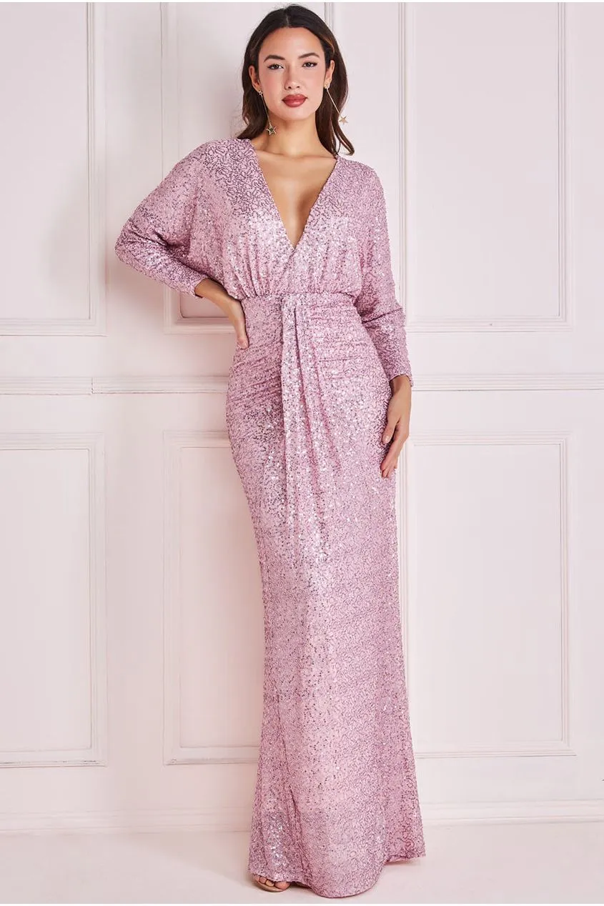 Plunge V-Neck Sequin Maxi - Blush by Goddiva sold by Goddiva