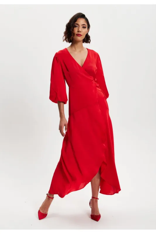 Red Midi Wrap Dress With Short Puff Sleeves by Liquorish sold by Goddiva