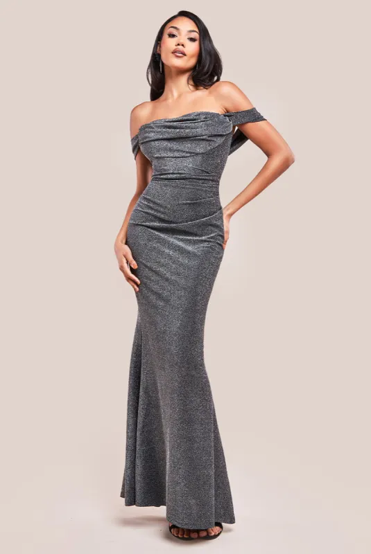 Lurex Cowl Neck Off The Shoulder Maxi - Silver by Goddiva sold by Goddiva