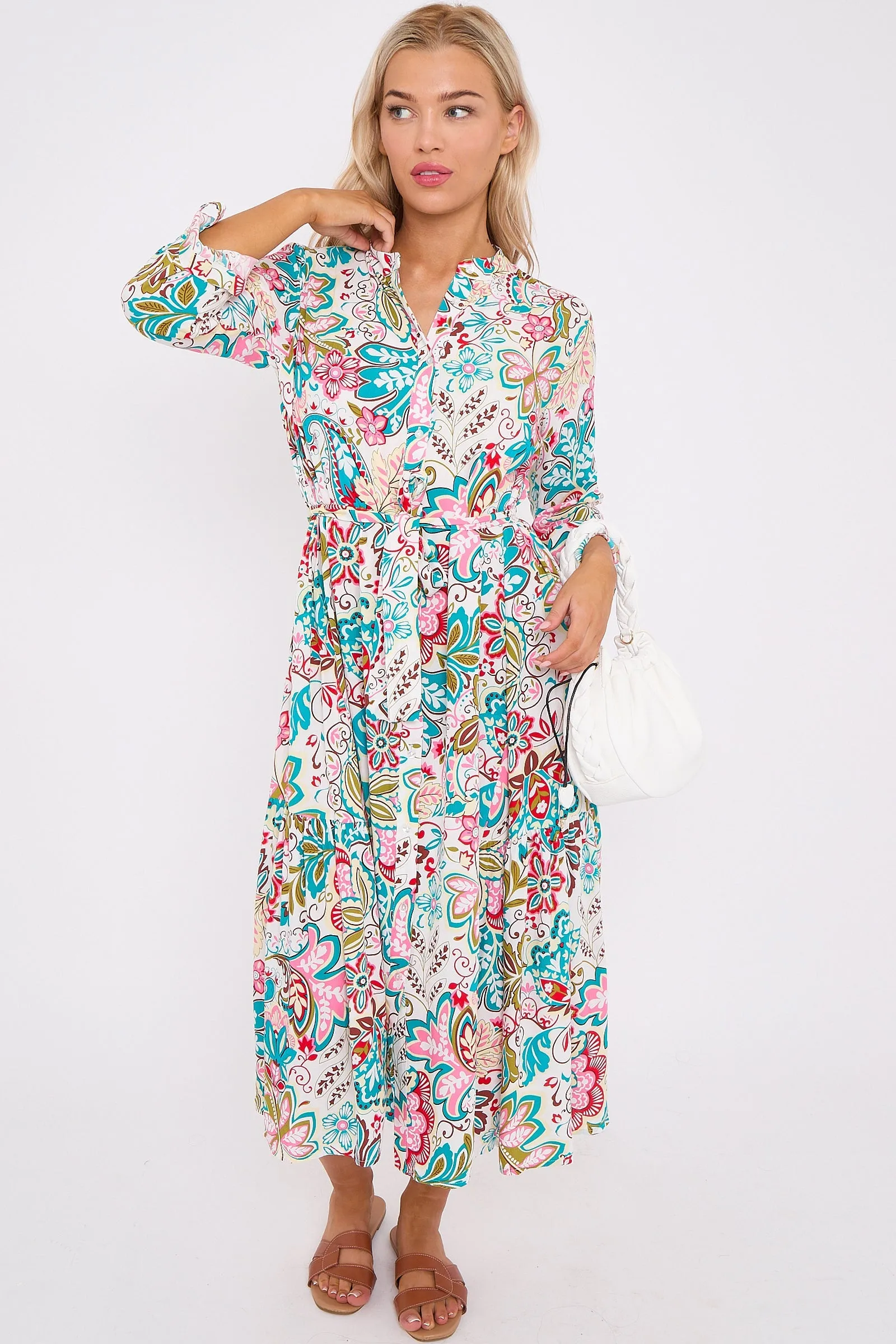 LOVE SUNSHINE White Multi Floral Print Long Sleeve Midi Dress sold by Goddiva