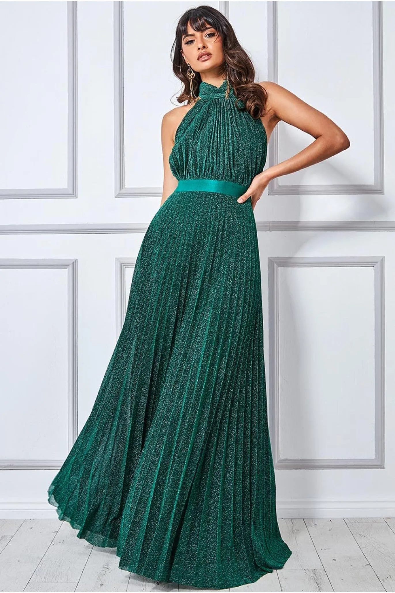 Lurex Halterneck Pleated Maxi Dress - Emerald by Goddiva sold by Goddiva
