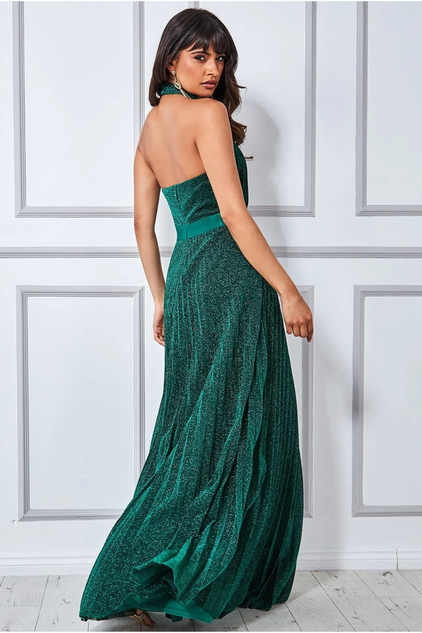 Lurex Halterneck Pleated Maxi Dress - Emerald by Goddiva sold by Goddiva product image thumbnail 2