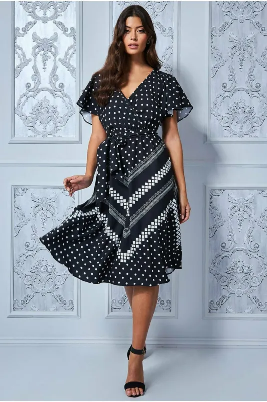 Wrap Style Flutter Sleeve Midi Dress - Black by Goddiva sold by Goddiva