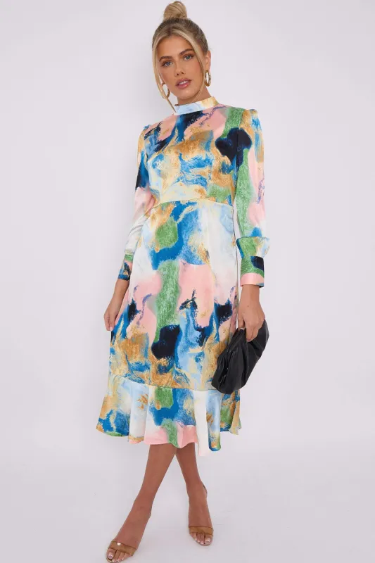 LOVE SUNSHINE Tie Dye Print Satin Frilled Hem Midi Dress sold by Goddiva