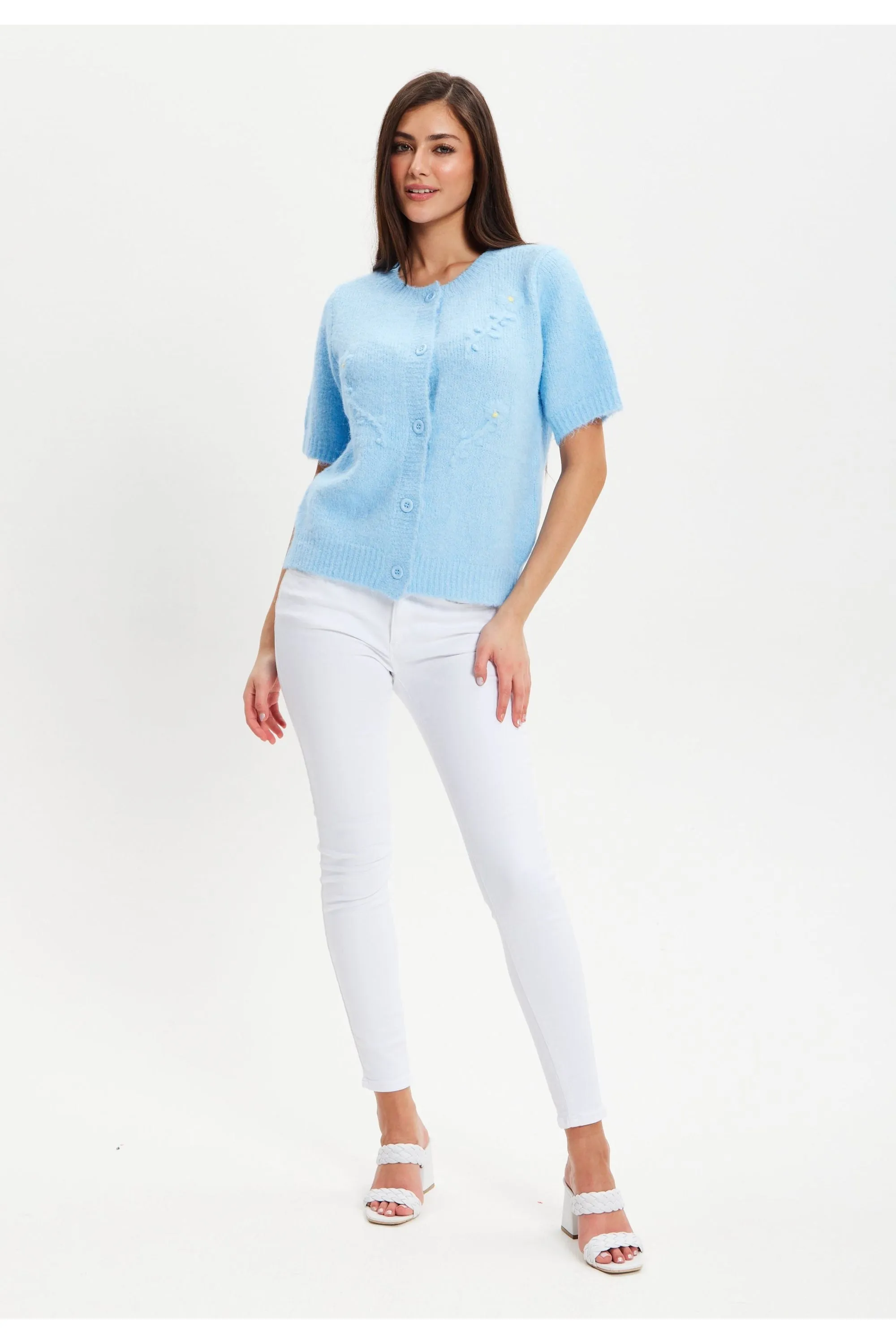 Blue Knitted Floral Short Sleeve Cardigan by Liquorish sold by Goddiva product image thumbnail 2