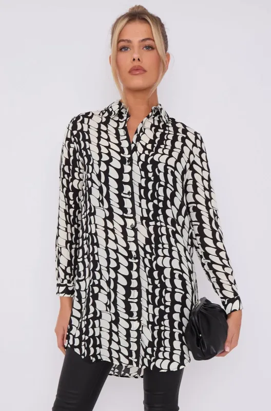 Black Geo Print Chiffon Long Shirt by LOVE SUNSHINE sold by Goddiva