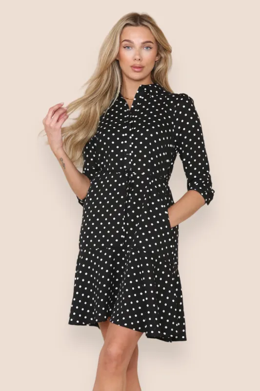 Black Polka Dot Frilled Hem Mini Dress by LOVE SUNSHINE sold by Goddiva