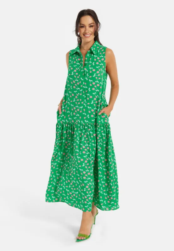 Oversized Cherry Print Maxi Dress In Green by Liquorish sold by Goddiva