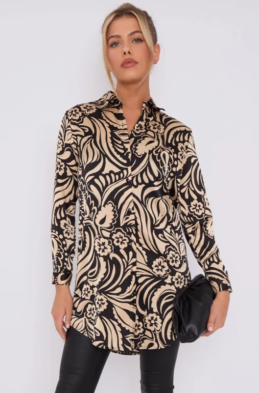 LOVE SUNSHINE Black And Beige Paisley Print Satin Long Shirt sold by Goddiva