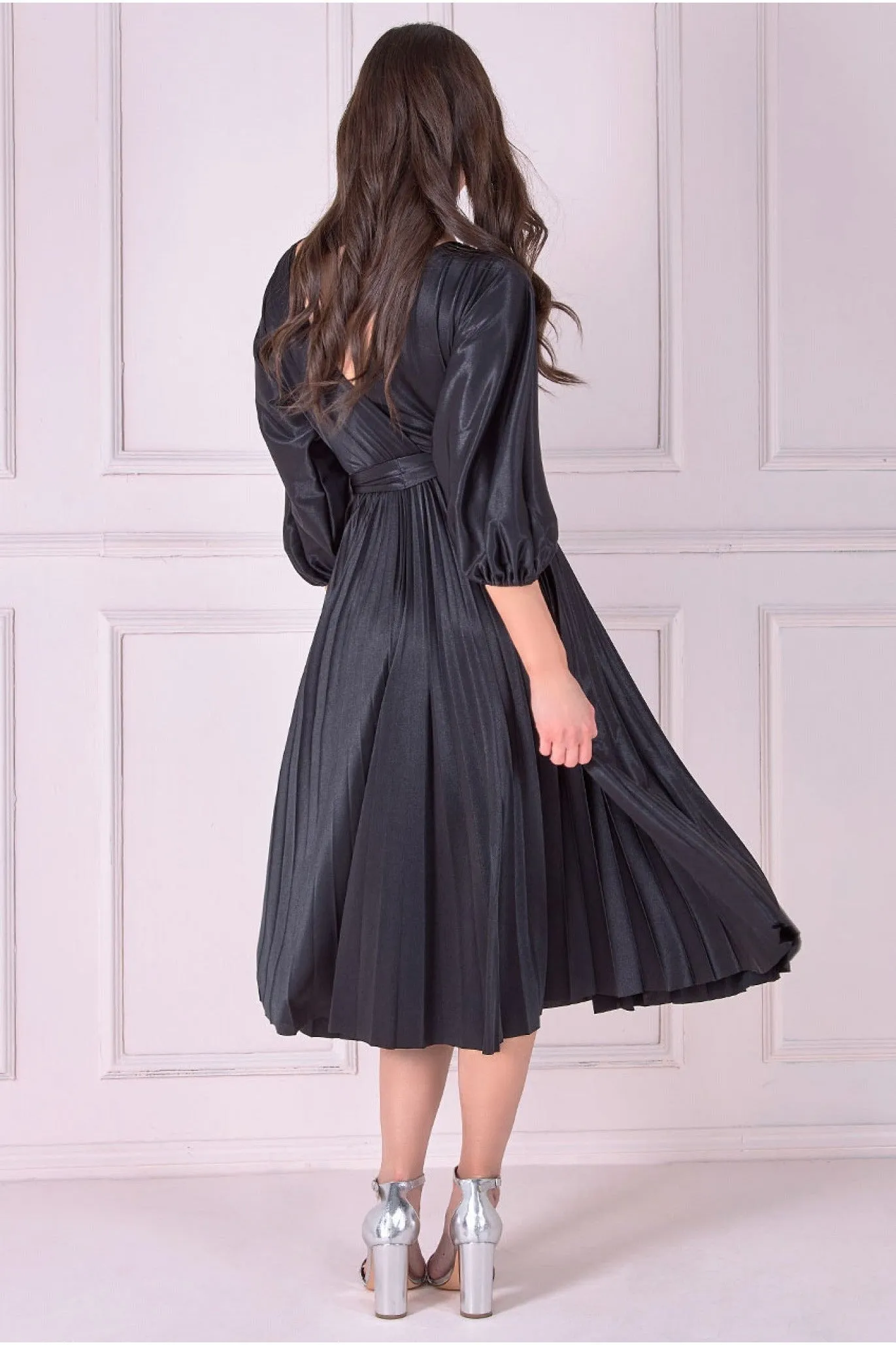 Satin Pleated Skirt Wrap Midi Dress - Black by Goddiva sold by Goddiva product image thumbnail 2