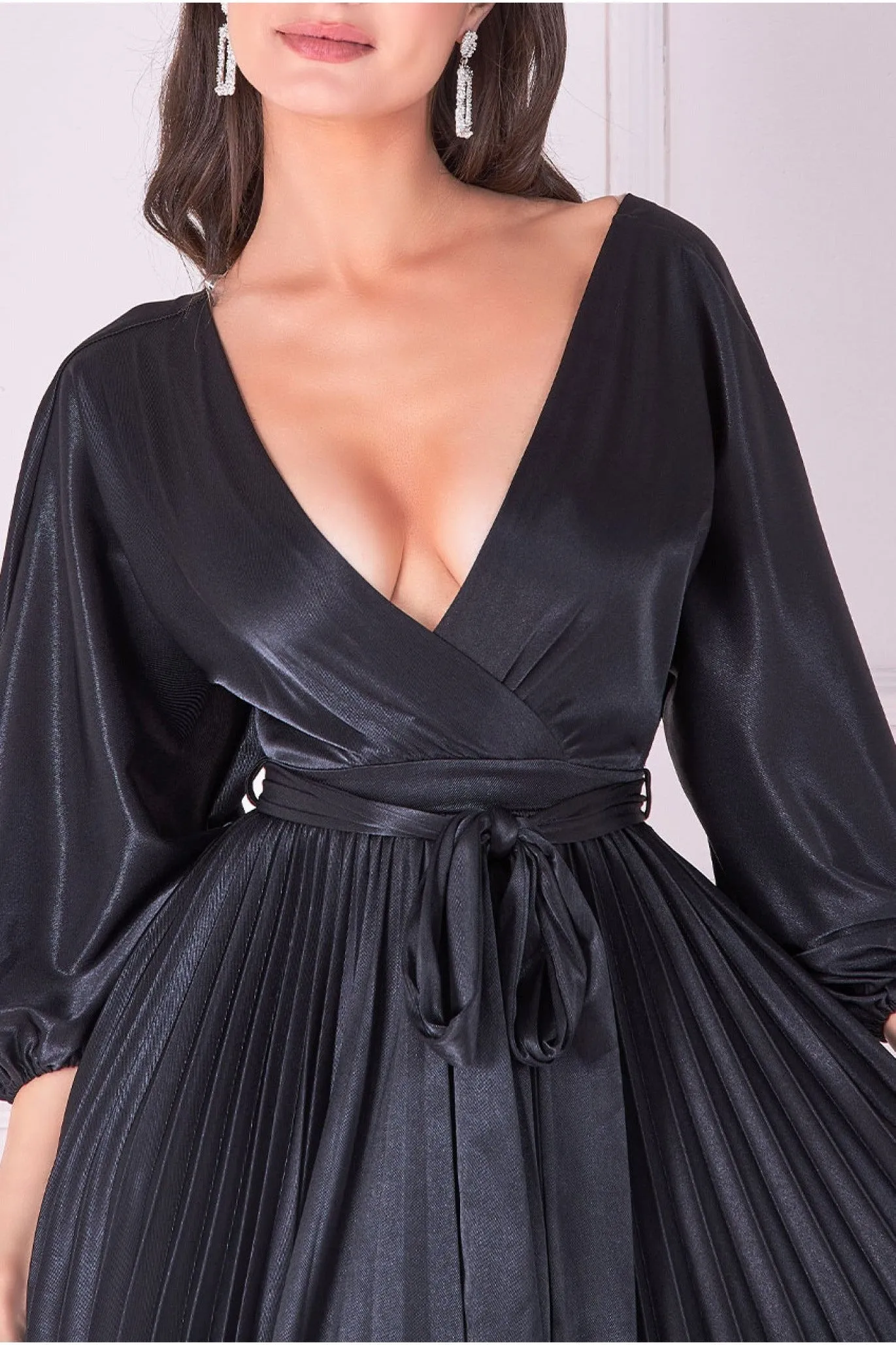 Satin Pleated Skirt Wrap Midi Dress - Black by Goddiva sold by Goddiva product image thumbnail 3