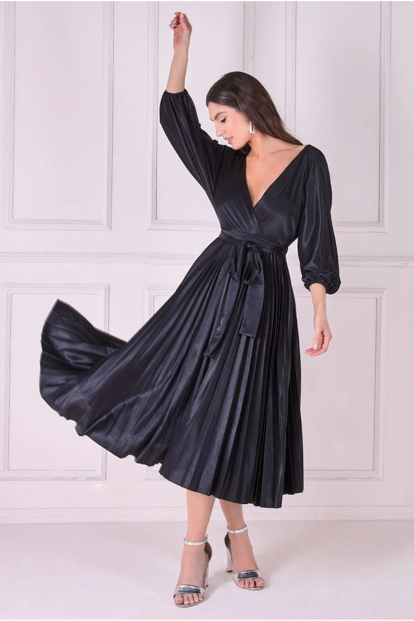Satin Pleated Skirt Wrap Midi Dress - Black by Goddiva sold by Goddiva