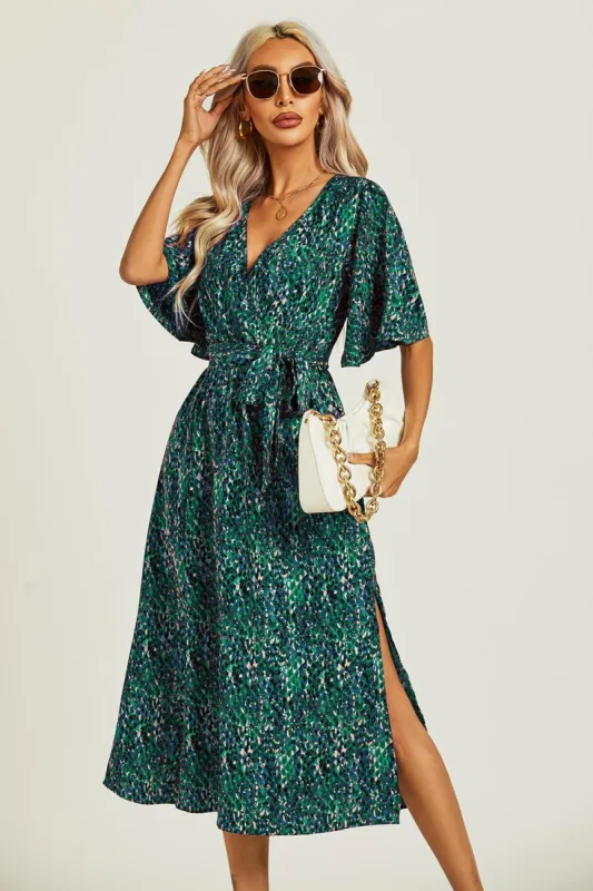 Angel Sleeve Wrap Top Midi Dress In Green by FS Collection sold by Goddiva
