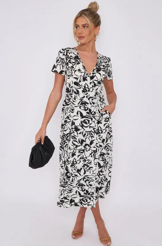 LOVE SUNSHINE White Floral Print Wrapped Midi Dress sold by Goddiva