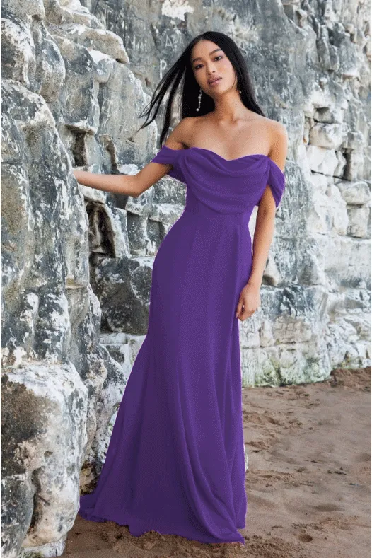 Chiffon Bardot Cowl Neck Maxi Dress - Purple by Goddiva sold by Goddiva
