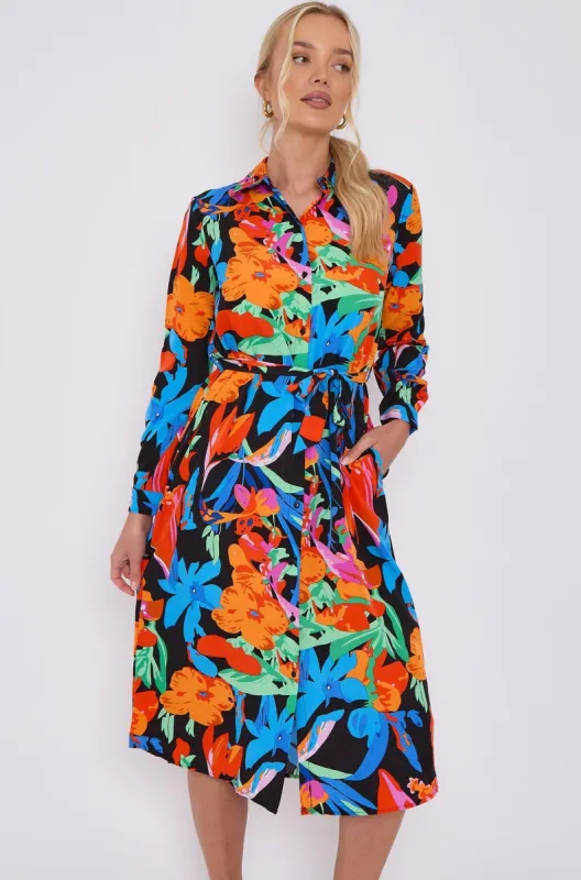 LOVE SUNSHINE Astract Floral Print Midi Shirt Dress sold by Goddiva