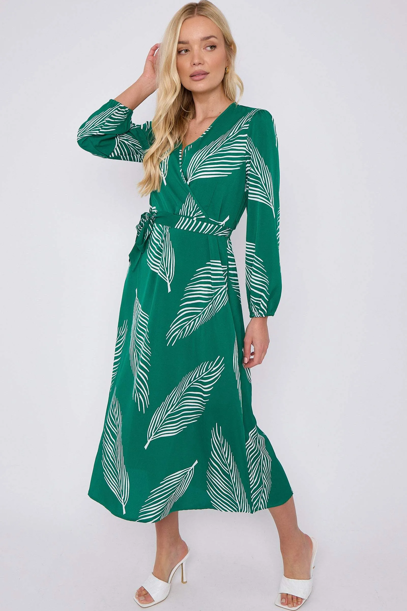 LOVE SUNSHINE Green Plam Leaf Printed V Neck Midi Dress sold by Goddiva product image thumbnail 4