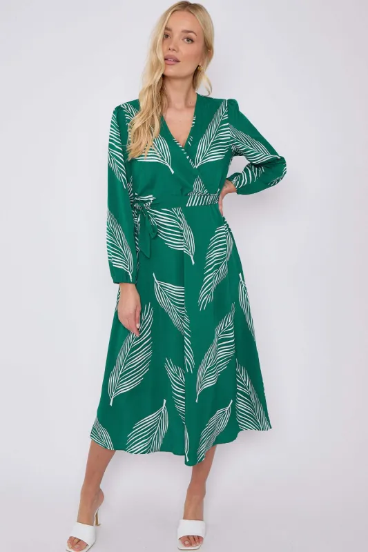 LOVE SUNSHINE Green Plam Leaf Printed V Neck Midi Dress sold by Goddiva