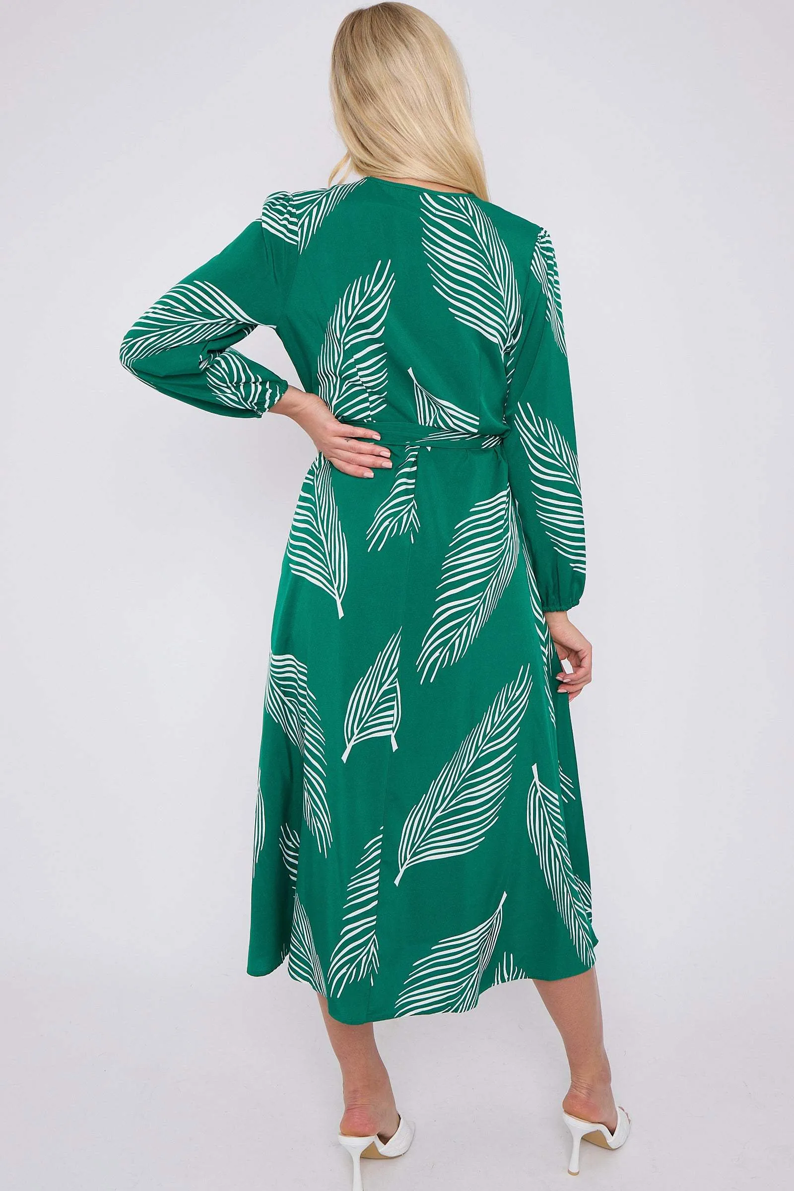 LOVE SUNSHINE Green Plam Leaf Printed V Neck Midi Dress sold by Goddiva product image thumbnail 5