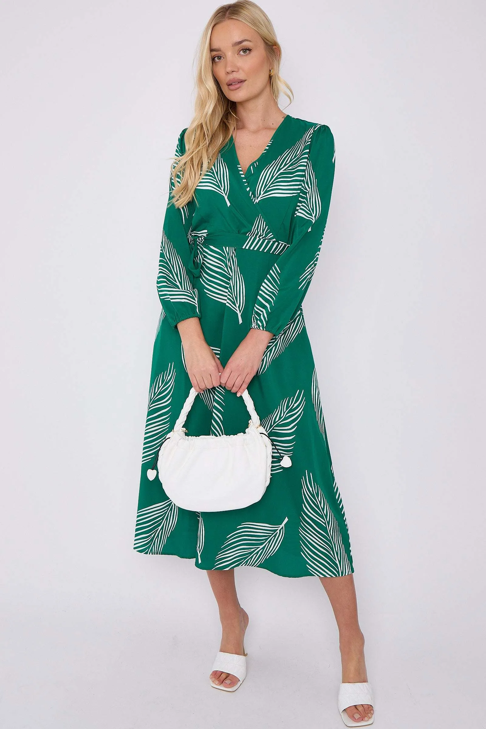 LOVE SUNSHINE Green Plam Leaf Printed V Neck Midi Dress sold by Goddiva product image thumbnail 2