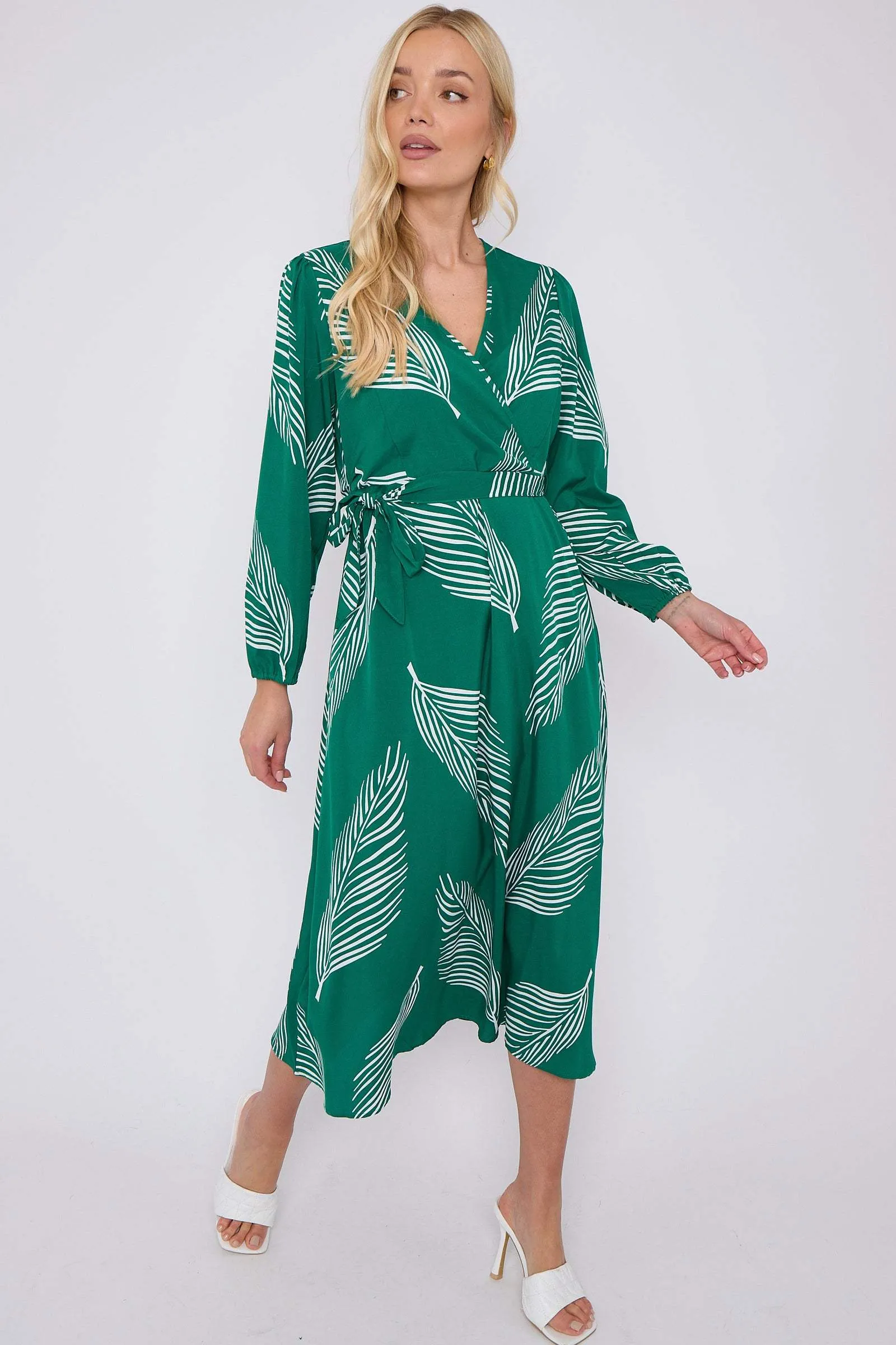 LOVE SUNSHINE Green Plam Leaf Printed V Neck Midi Dress sold by Goddiva product image thumbnail 3