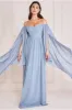 Chiffon Off The Shoulder Maxi With Cape Sleeves - Blue by Goddiva sold by Goddiva