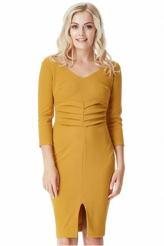 City Goddess V Neck Pleated Midi With Split Detail - Mustard made by Goddiva