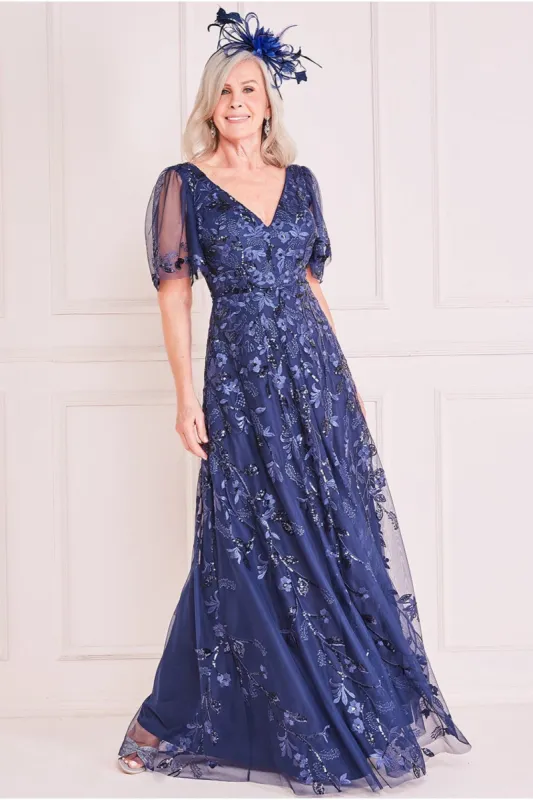 Embroidered Flared Sleeve Maxi - Navy by Goddiva sold by Goddiva