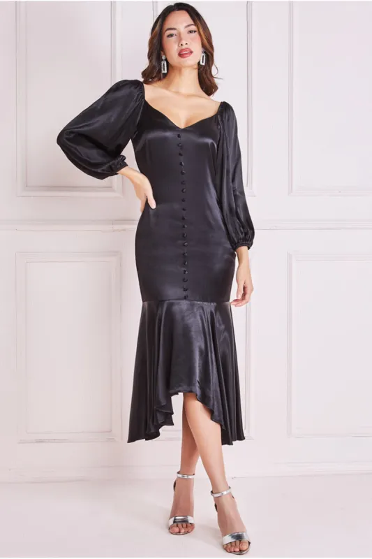 Satin Viscose Front Buttoned Dipped Hem Midaxi Dress - Black by Goddiva sold by Goddiva