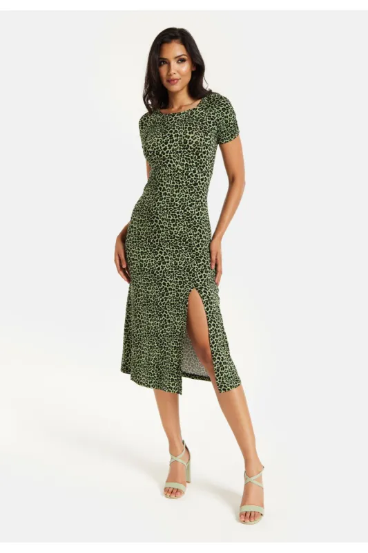 Liquorish Fitted Midi Dress In Khaki Animal Print sold by Goddiva