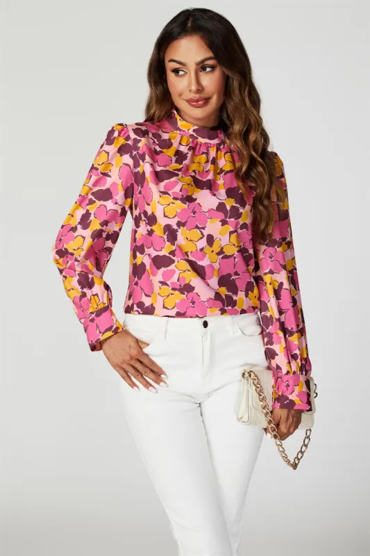 Floral Print Long Sleeve High Neck Top In Pink by FS Collection sold by Goddiva