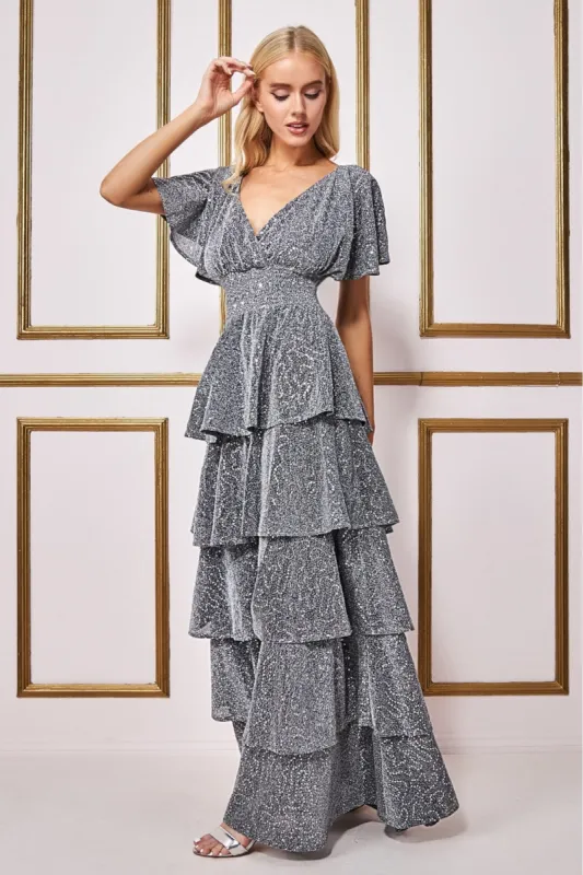 Goddiva Sequin Lurex Tiered Maxi Dress - Silver sold by Goddiva