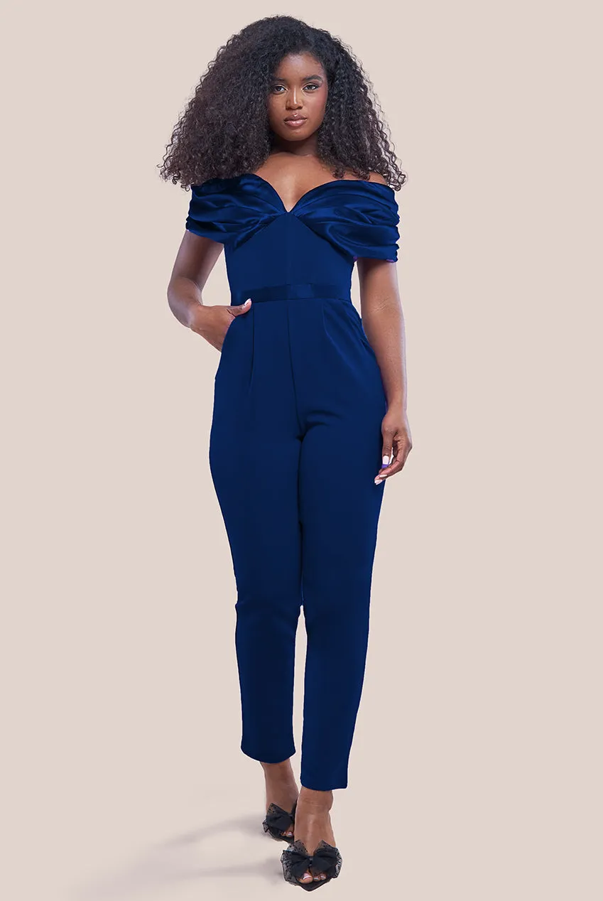 Goddiva Corset Bodice Scuba & Satin Bardot Jumpsuit - Navy sold by Goddiva