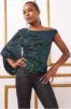 Goddiva Asymmetric Sequin Balloon Sleeve Top - Emerald sold by Goddiva