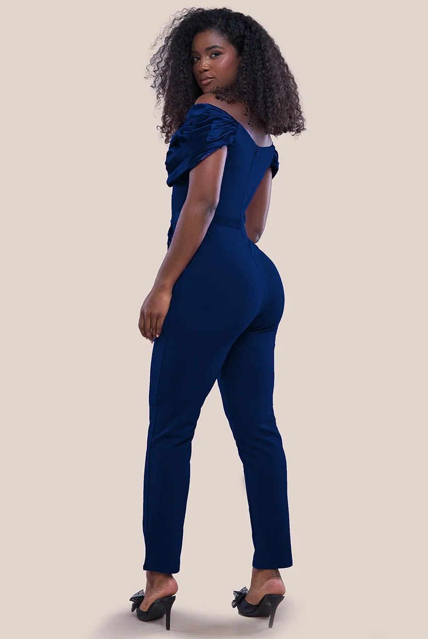 Goddiva Corset Bodice Scuba & Satin Bardot Jumpsuit - Navy sold by Goddiva product image thumbnail 2