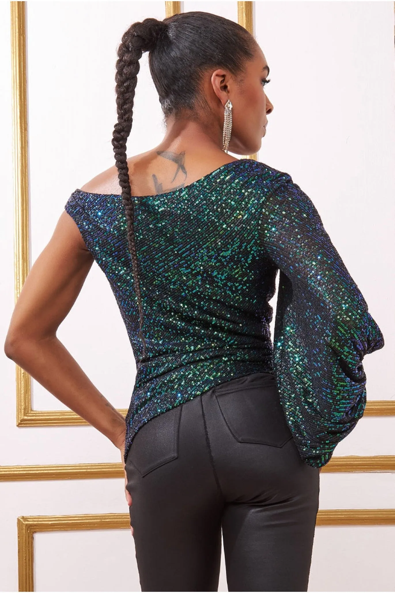 Goddiva Asymmetric Sequin Balloon Sleeve Top - Emerald sold by Goddiva product image thumbnail 2