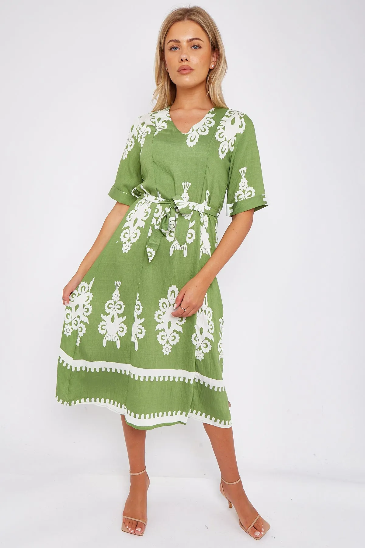 Green Pattern Print Short Sleeve Midi Dress by LOVE SUNSHINE sold by Goddiva product image thumbnail 3