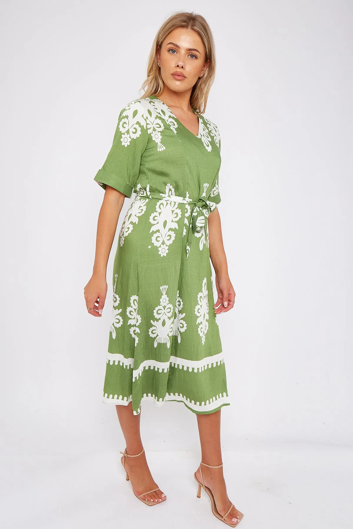 Green Pattern Print Short Sleeve Midi Dress by LOVE SUNSHINE sold by Goddiva product image thumbnail 5