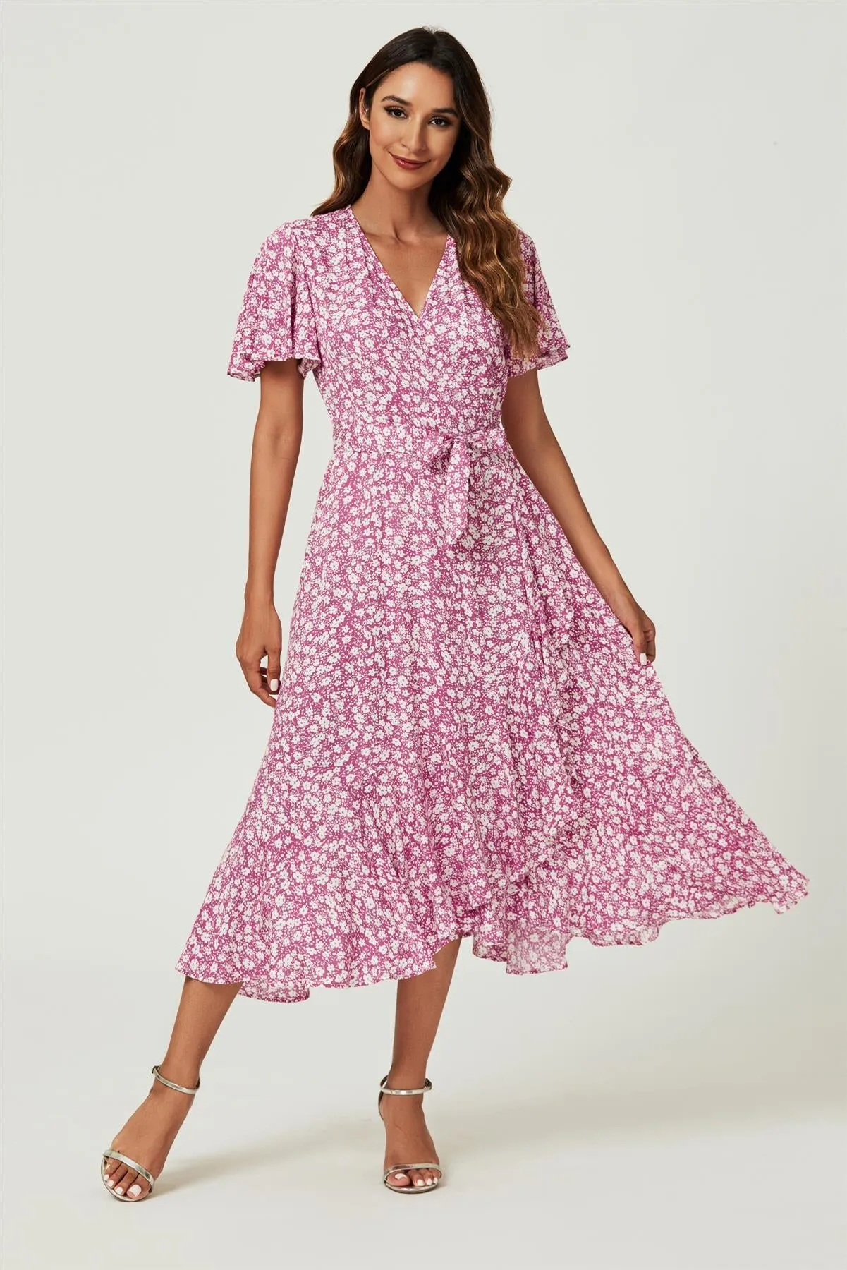 FS Collection Floral Print Midi Wrap Dress In Pink sold by Goddiva product image thumbnail 3